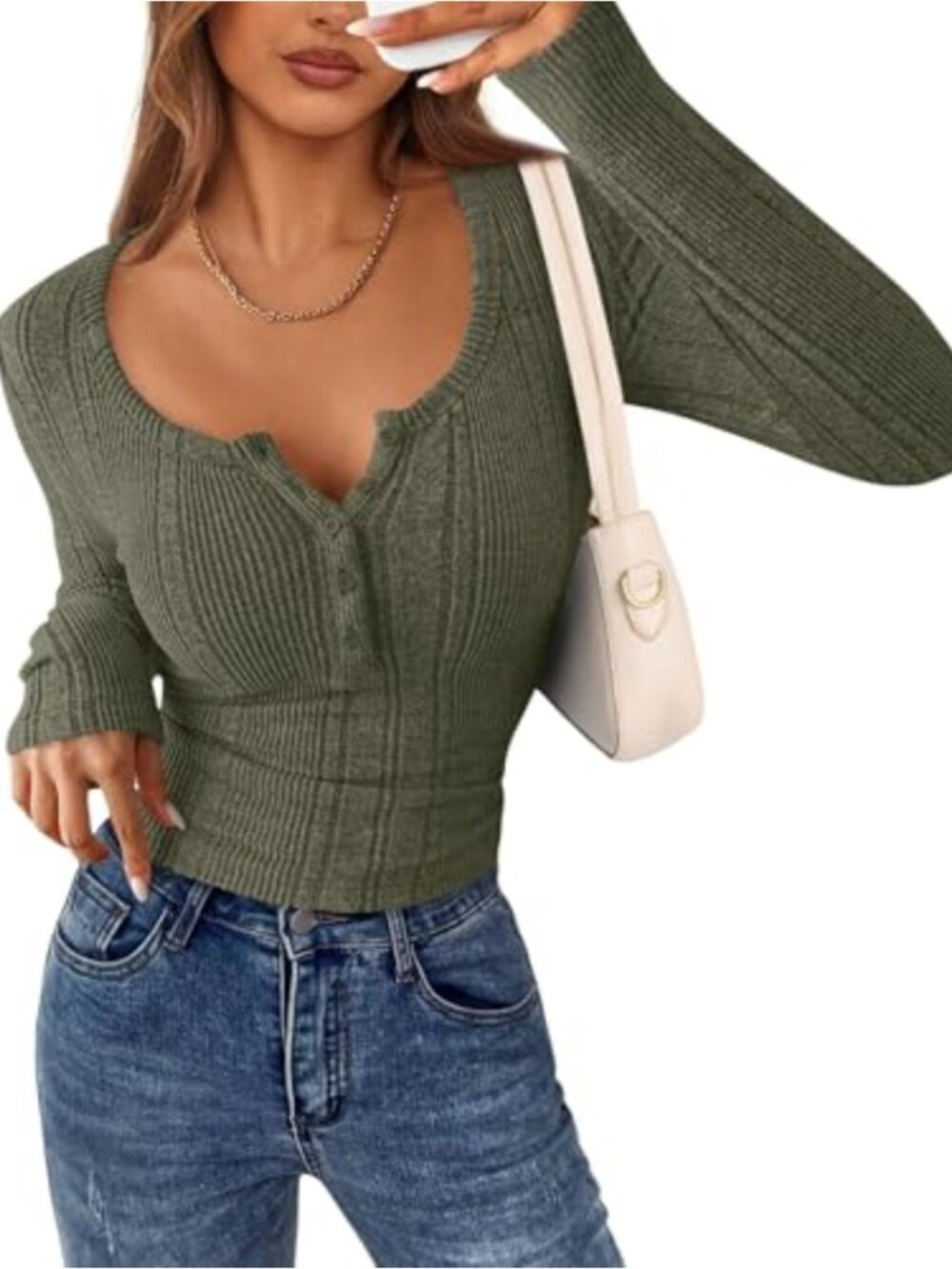 Women's ribbed Henley long sleeve top